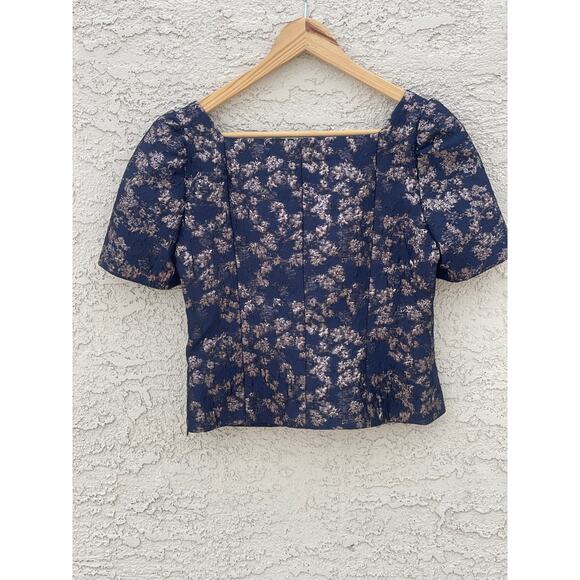 Club Monaco Brocade Puff Sleeve Blue/Gold Square Neck Blouse - 0 - Picture 4 of 7